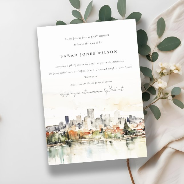 Invitación Portland Oregon Skyline Watercolor Baby Shower (Subido por el creador)
