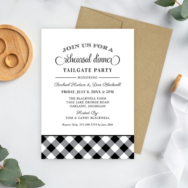 Invitación Portón trasero de la cena del Boda de Gingham negr (Subido por el creador)
