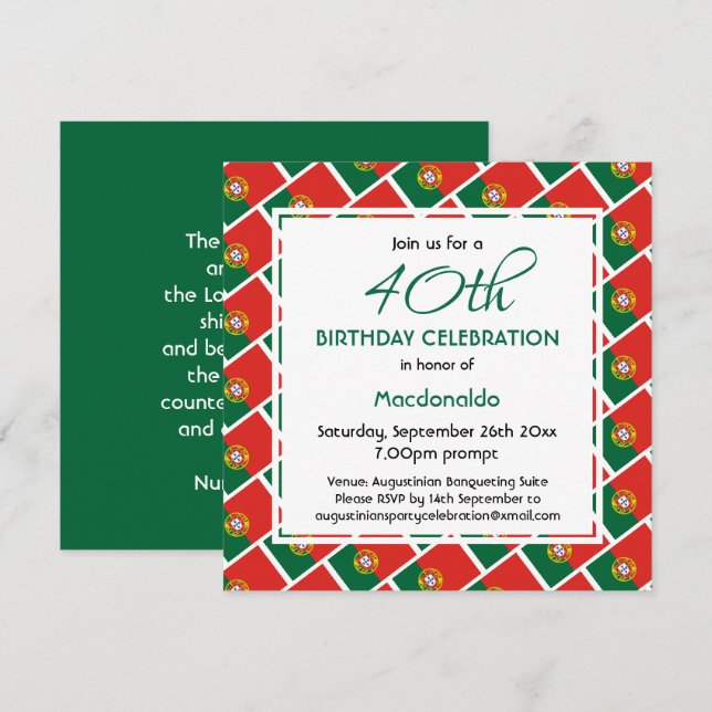 Invitación PORTUGAL FLAG Personalizado CUALQUIER EDAD Cumplea (Anverso / Reverso)