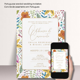 Invitación Portuguso Casamento Flores Azuis Rústicas