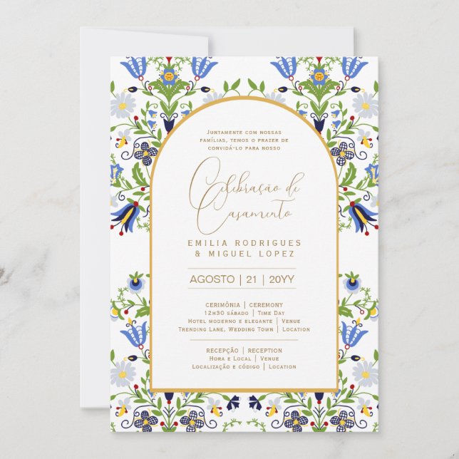 Invitación Portuguso | Casamento Flores Azuis Rústicas (Anverso)