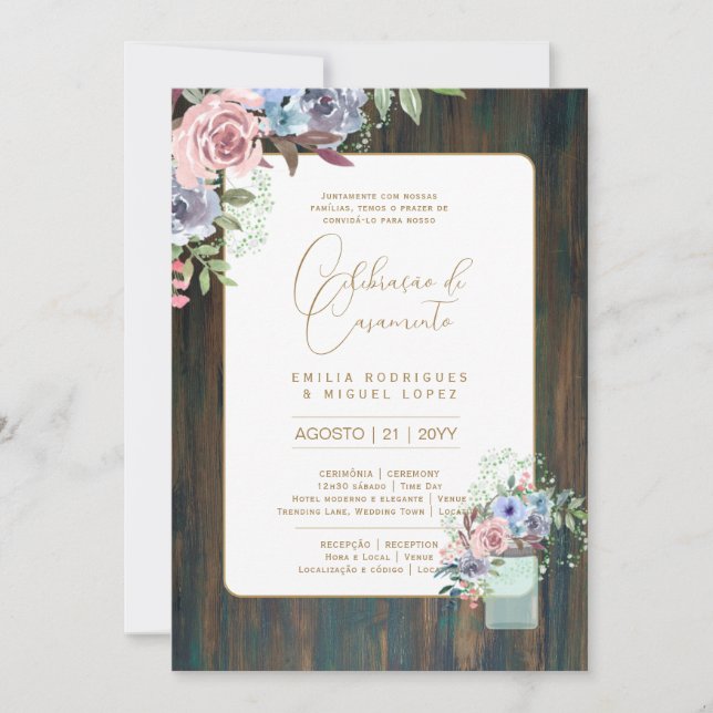 Invitación Portuguso | Casamento Flores Folclóricas Rústica (Anverso)