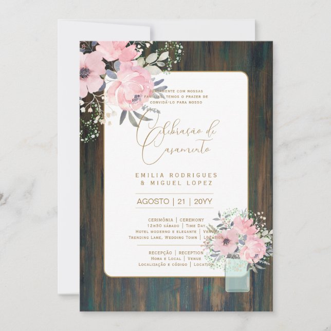 Invitación Portuguso | Casamento Flores Folclóricas Rústica (Anverso)