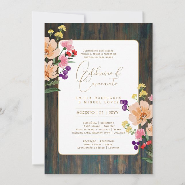 Invitación Portuguso | Casamento Flores Folclóricas Rústica (Anverso)