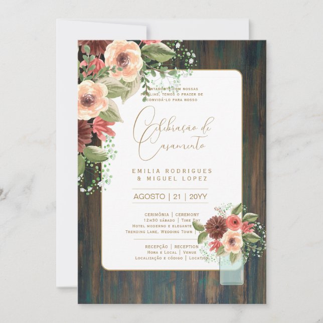 Invitación Portuguso | Casamento Flores Folclóricas Rústica (Anverso)