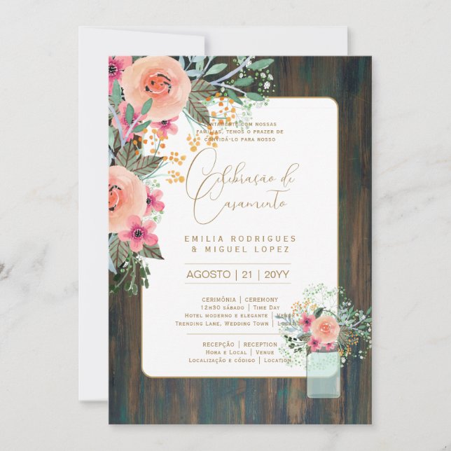 Invitación Portuguso | Casamento Flores Folclóricas Rústica (Anverso)