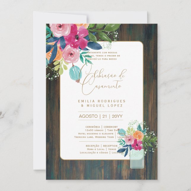 Invitación Portuguso | Casamento Flores Folclóricas Rústica (Anverso)
