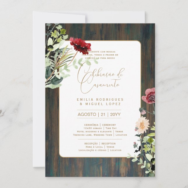Invitación Portuguso | Casamento Flores Folclóricas Rústica (Anverso)