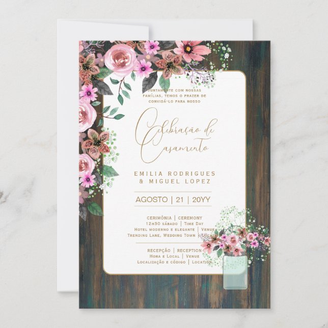 Invitación Portuguso | Casamento Flores Folclóricas Rústica (Anverso)
