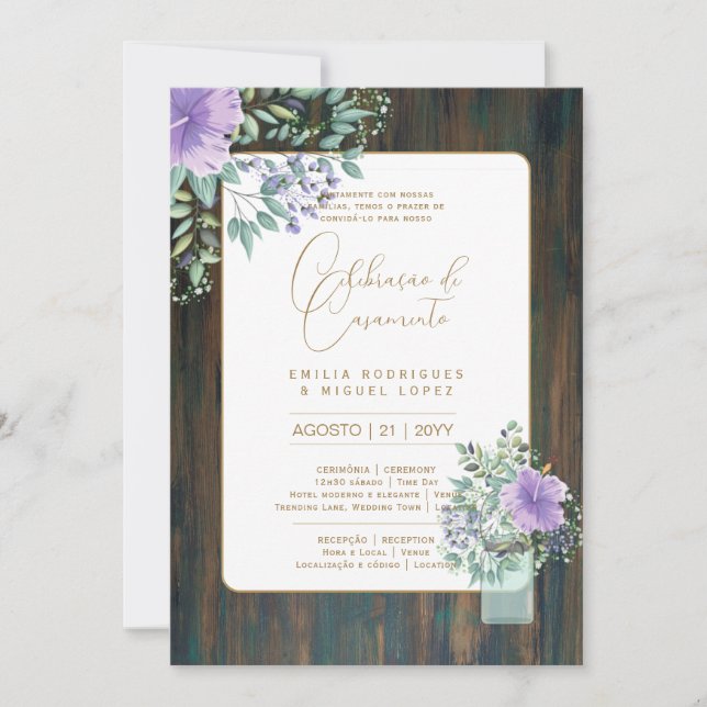 Invitación Portuguso | Casamento Flores Folclóricas Rústica (Anverso)