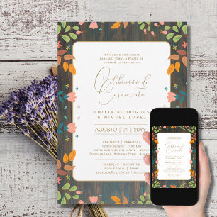 Invitación Portuguso   Casamento Flores Folclóricas Rústica