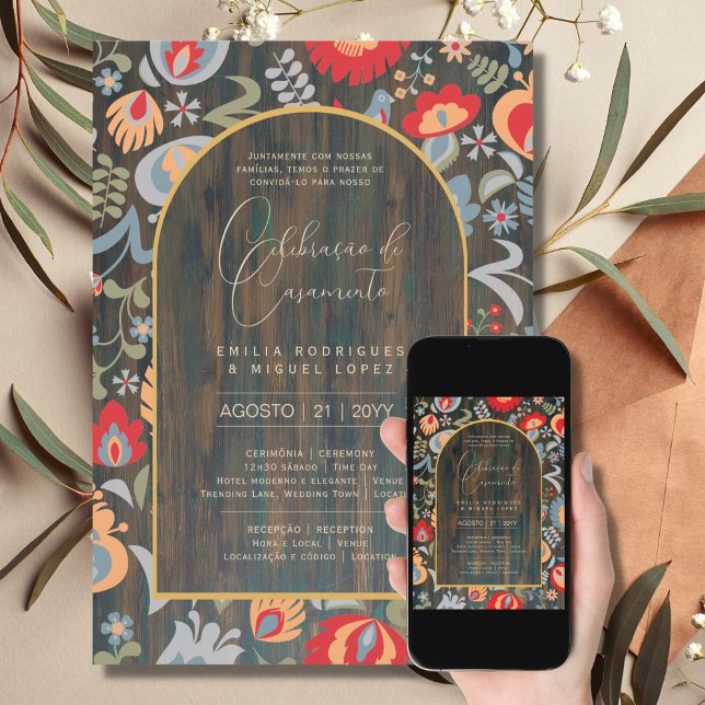 Invitación Portuguso | Casamento Flores Folclóricas Rústica (Subido por el creador)