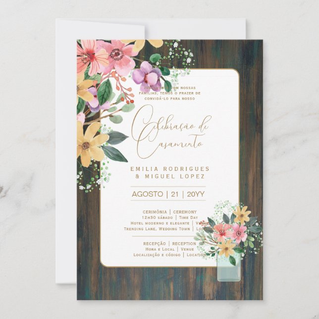 Invitación Portuguso | Casamento Flores Folclóricas Rústica (Anverso)