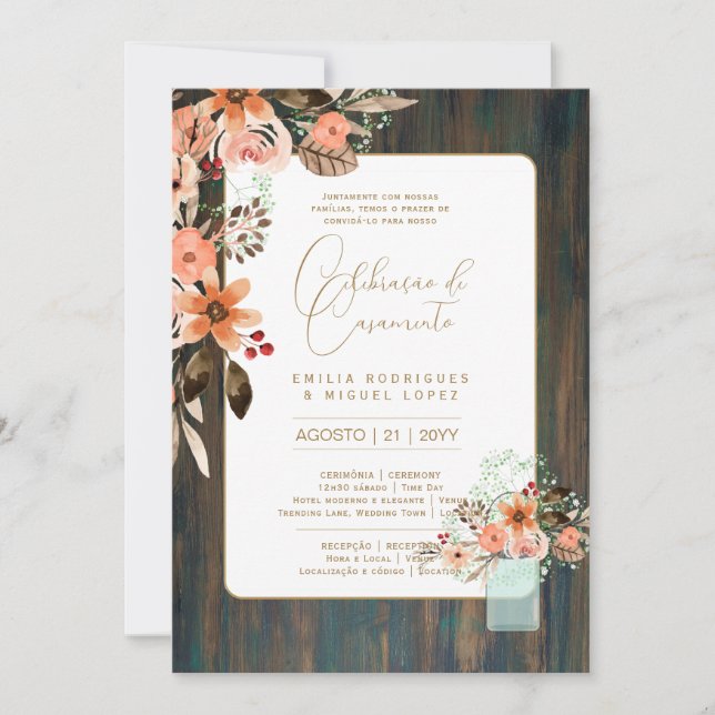 Invitación Portuguso | Casamento Flores Folclóricas Rústica (Anverso)