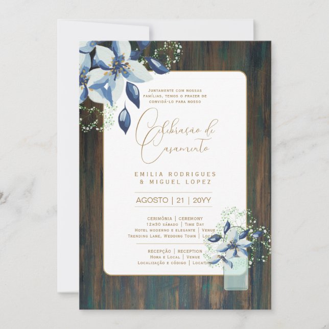 Invitación Portuguso | Casamento Flores Folclóricas Rústica (Anverso)