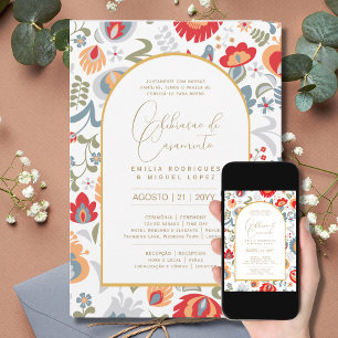 Invitación Portuguso Casamento Flores Vermelha Rústicas