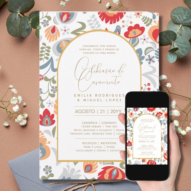 Invitación Portuguso | Casamento Flores Vermelha Rústicas (Subido por el creador)