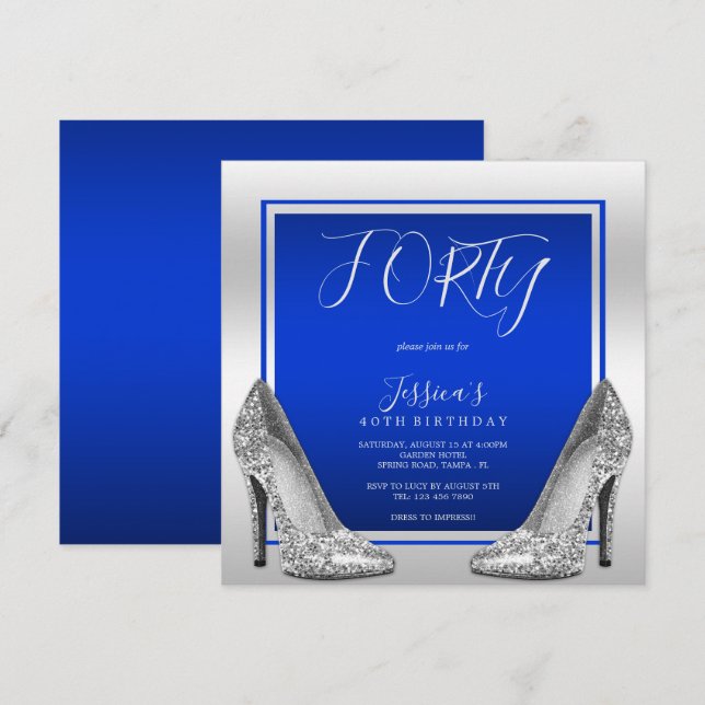Invitación Posh Blue & Silver Stilettos 40 cumpleaños (Anverso / Reverso)