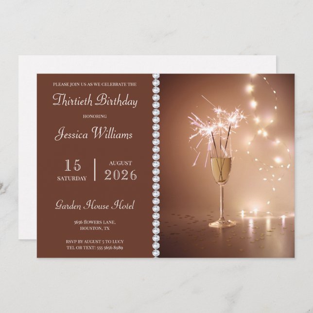 Invitación Posh Champagne, Sparkles & Lights Fiesta de Cumple (Anverso / Reverso)