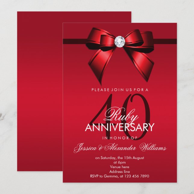 Invitación Posh Gem Bow & Ribbon 40º Aniversario de Boda (Anverso / Reverso)