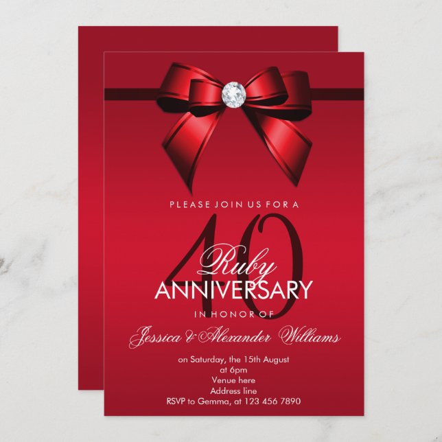 Invitación Posh Gem Bow & Ribbon 40° Aniversario Boda (Anverso / Reverso)