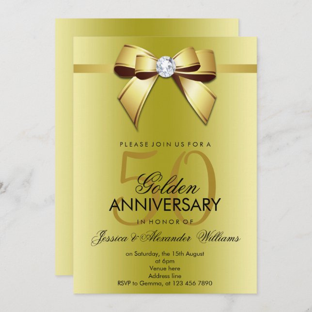 Invitación Posh Gem Bow & Ribbon 50º Aniversario de Boda (Anverso / Reverso)