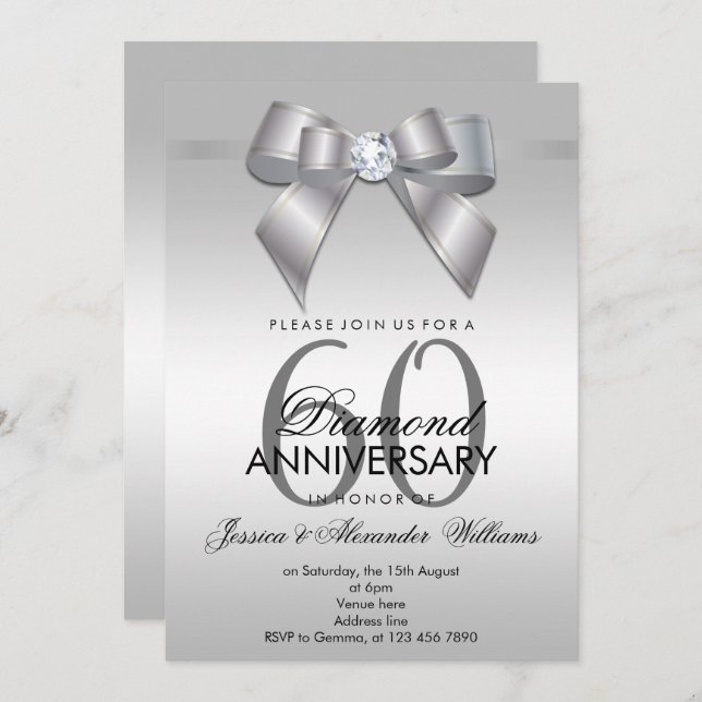 Invitación Posh Gem Bow & Ribbon 60º Aniversario de Boda (Anverso / Reverso)