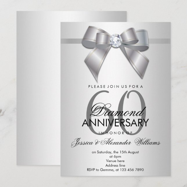 Invitación Posh Gem Bow & Ribbon 60º Aniversario de Boda (Anverso / Reverso)