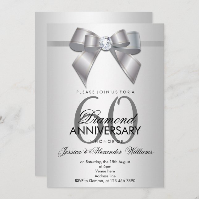 Invitación Posh Gem Bow y Ribbon 60° Aniversario Boda (Anverso / Reverso)