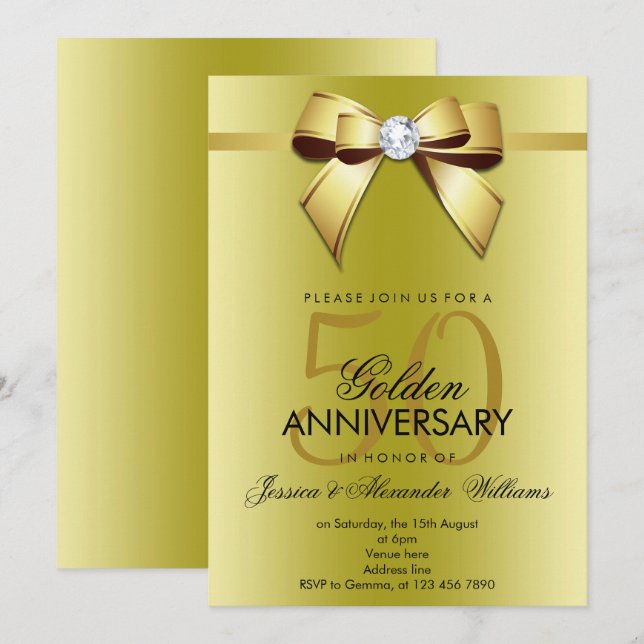 Invitación Posh Gem Lazo y Cinta 50 Aniversario de Boda (Anverso / Reverso)