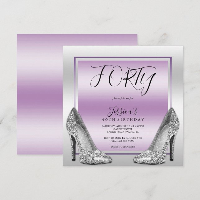 Invitación Posh Lilac y Silver Stilettos 40 cumpleaños (Anverso / Reverso)