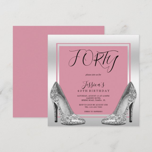 Invitación Posh Pink & Silver Stilettos 40 cumpleaños (Anverso / Reverso)