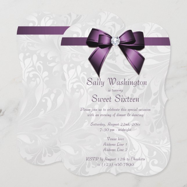Invitación Posh Purple Diamond Bow & Damask Sweet 16 (Anverso / Reverso)