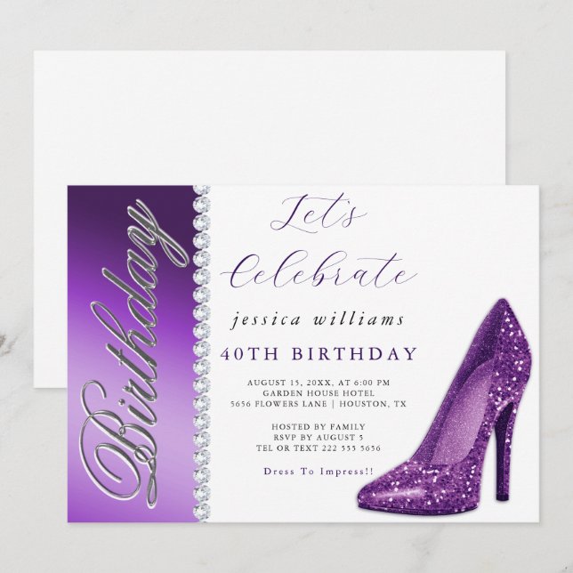 Invitación Posh Stiletto & Diamonds Cumpleaños Púrpura (Anverso / Reverso)
