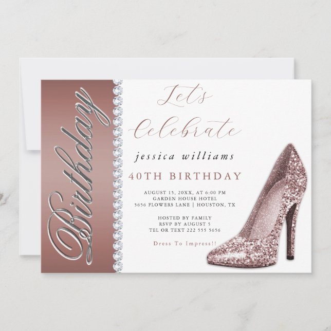 Invitación Posh Stiletto & Diamonds Rosa de oro Cumpleaños (Anverso)