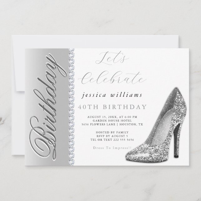 Invitación Posh Stiletto y Diamantes Cumpleaños Plata (Anverso)