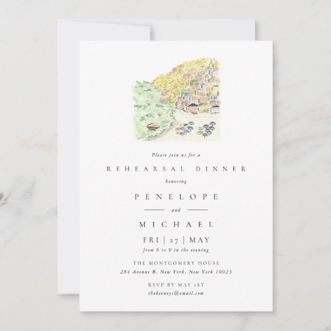 Invitación Positano Italia Acuarela Ensayo Cena (Anverso)