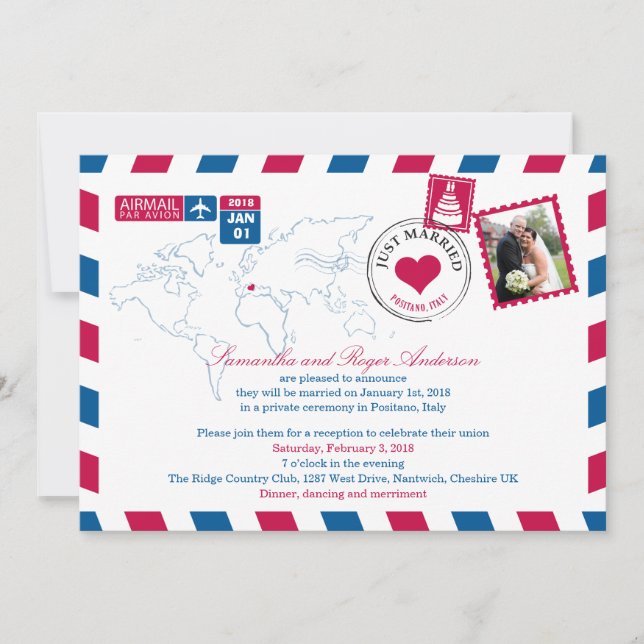 Invitación Positano Italia Airmail Post Boda Recepción (Anverso)