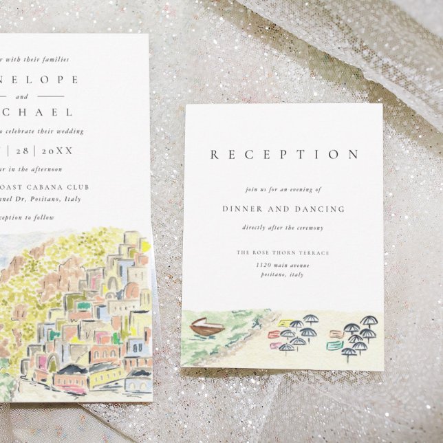 Invitación Positano Italia Alojamiento de recepción de boda d (Watercolor Positano reception information enclosure cards.)