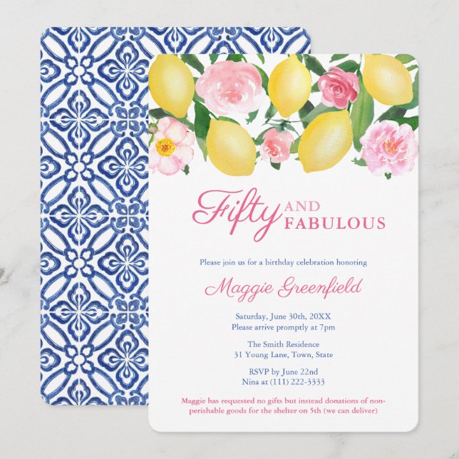 Invitación Positano Lemon 50 y fabulosa fiesta de cumpleaños  (Anverso / Reverso)