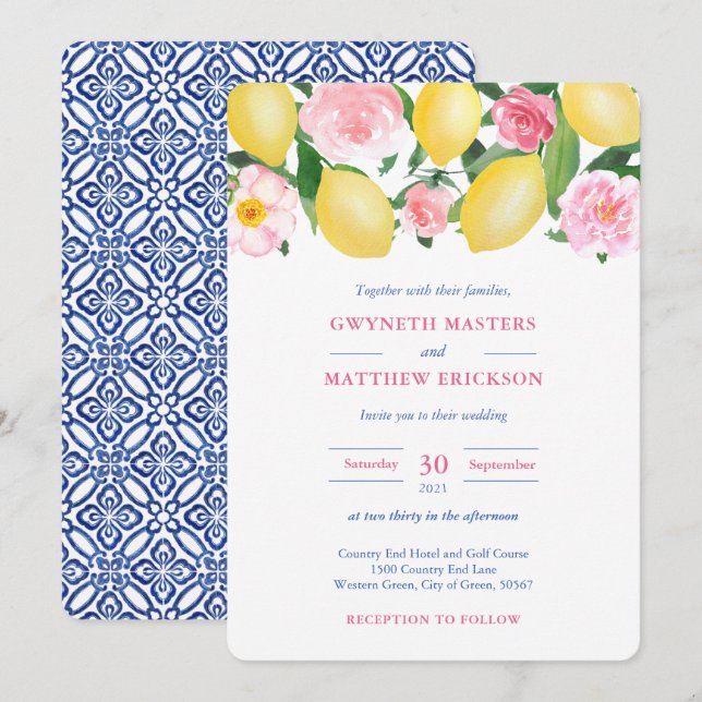 Invitación Positano Lemons Boda de mosaico azul con flores ro (Anverso / Reverso)
