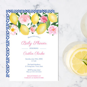 Invitación Positano Lemons Chica de Rosas Rosa Fiesta Baby Sh