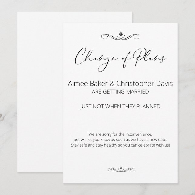 Invitación Posponen a Boda Minimalista blanco y negro (Anverso / Reverso)