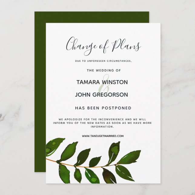Invitación Posponer Boda Minimalista Simple Vegetación (Anverso / Reverso)