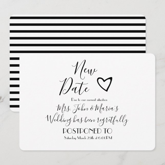 Invitación Posponer cancelación de boda moderna nueva fecha (Anverso / Reverso)