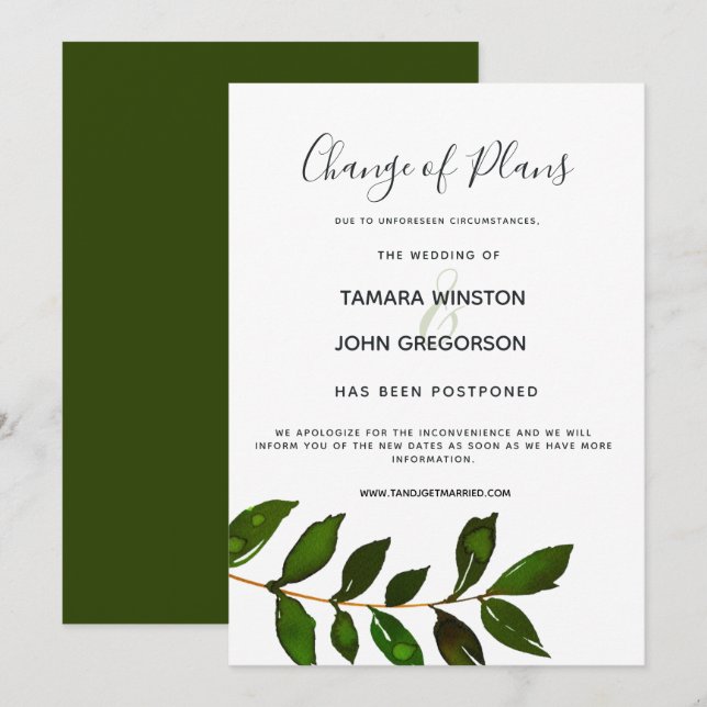 Invitación Posponer Simple Boda Minimalista Con Verde (Anverso / Reverso)