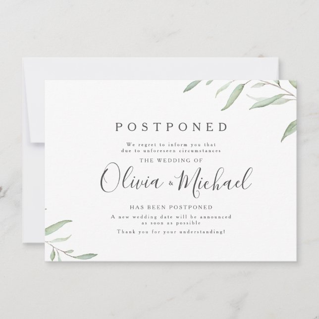 Invitación Posposición mínima del boda de caligrafía de veget (Anverso)