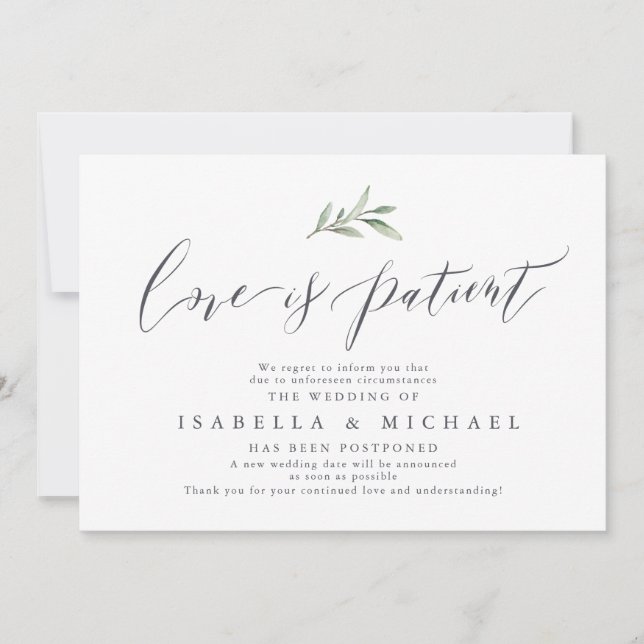 Invitación Posposición simple de boda de caligrafía verde (Anverso)