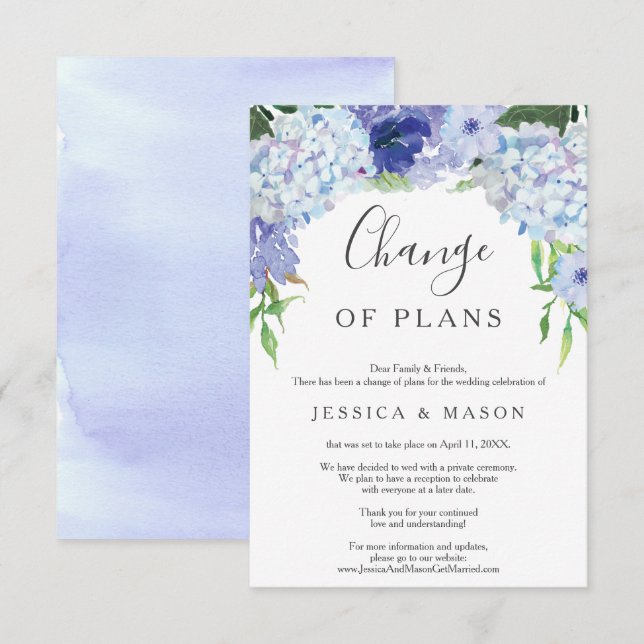 Invitación pospuesta de Boda de Hidrangea Azul (Anverso / Reverso)