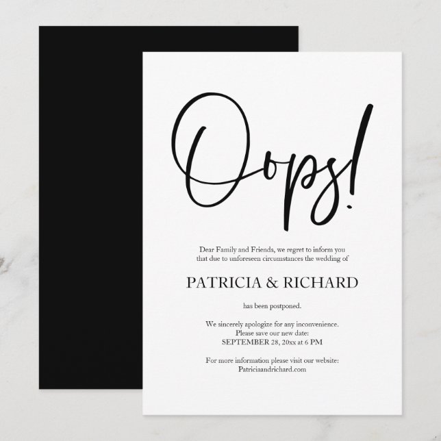 Invitación pospuesta de Boda de Moda simple de Oop (Anverso / Reverso)